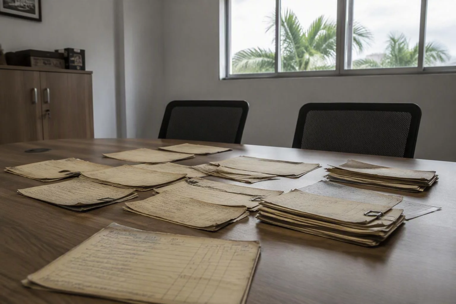 Fichas de procedimento antigas espalhadas sobre a mesa de reunião