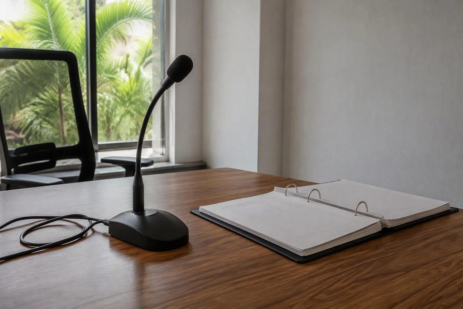 Microfone de mesa usado nas reuniões de revisão com a equipe