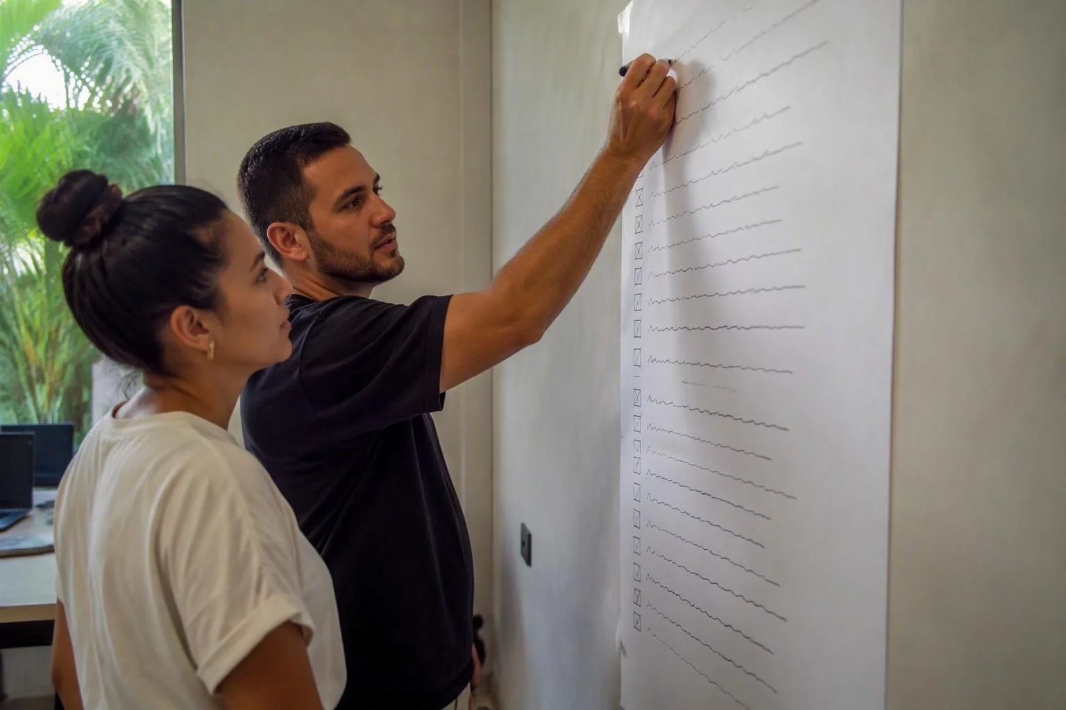 Duas pessoas diante do quadro com a lista de rotinas a revisar
